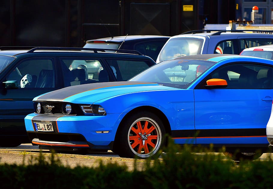 blue Ford Mustang, front, mustang gt, automotive, american, vehicle, HD wallpaper