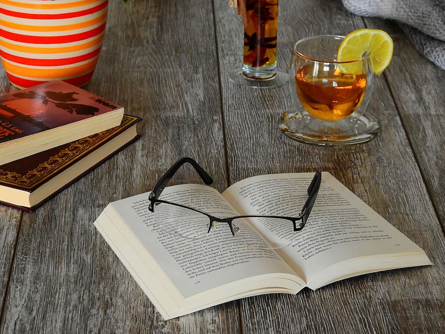 eyeglasses on book beside glass cup, read, literature, learn HD wallpaper