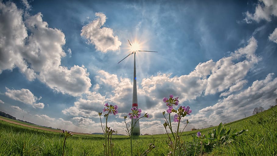 worm's eye photo of white wind turbine, pinwheel, sun, sunbeam HD wallpaper