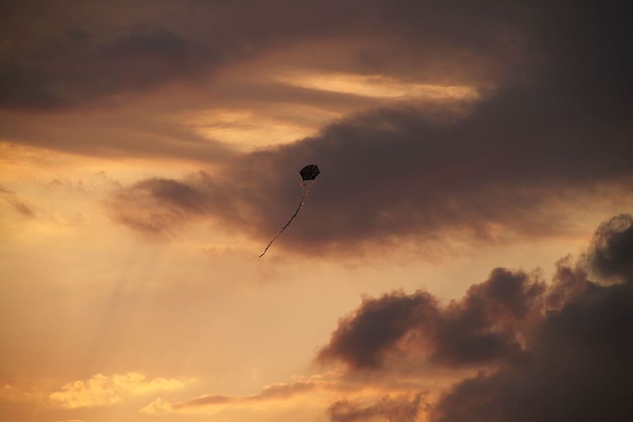 kite on sky, landscape, solar, sunset, nature, peace, sparkle HD wallpaper