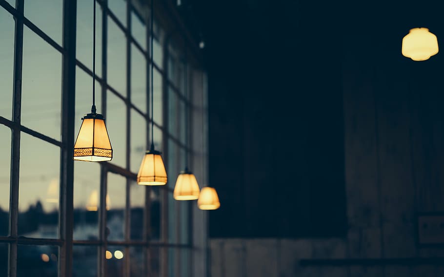 pendant lamps near window, selective, color, photography, turned HD wallpaper