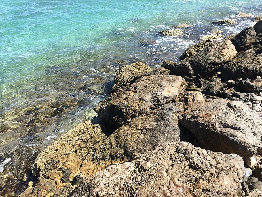 water, rocks, stone, ocean, beach, summer, holiday, playa, blue HD wallpaper