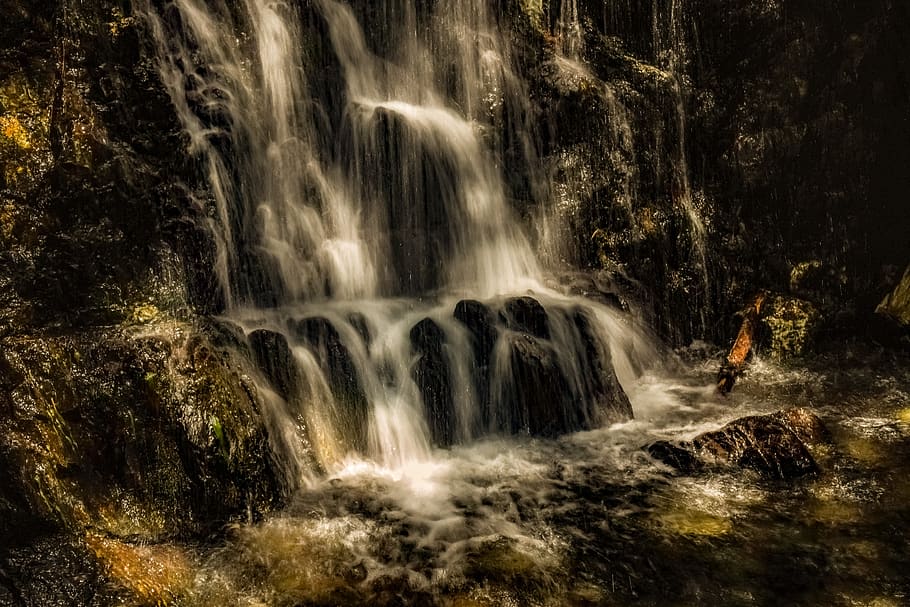 waterfall, nature, river, falls, splash, scenic, waters, light HD wallpaper