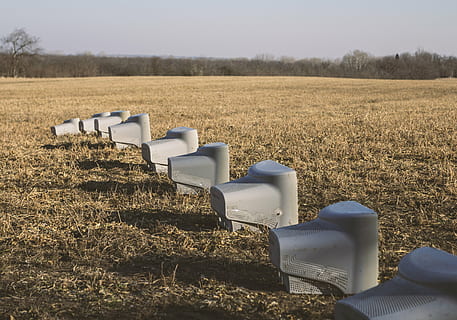 gray CRT computer monitors, computer screens, field, plantation HD wallpaper