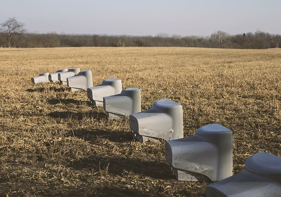 gray CRT computer monitors, computer screens, field, plantation HD wallpaper