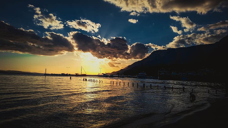 sea, sky, sunset, beach, boats, clouds, ocean, sand, seaside HD wallpaper