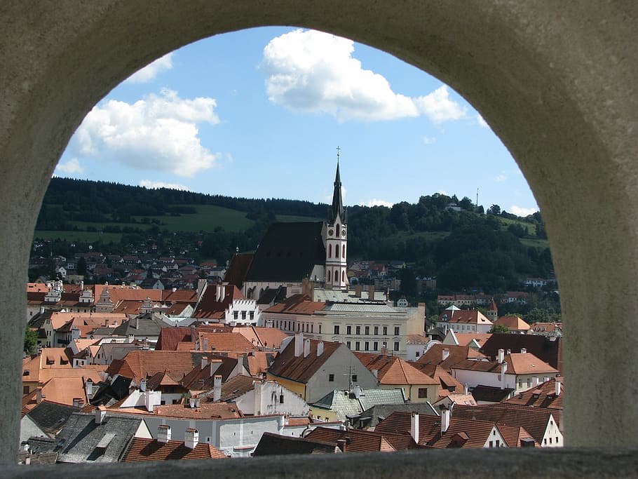 Cesky Krumlov, Window, Roofs, arch, old town, architecture HD wallpaper