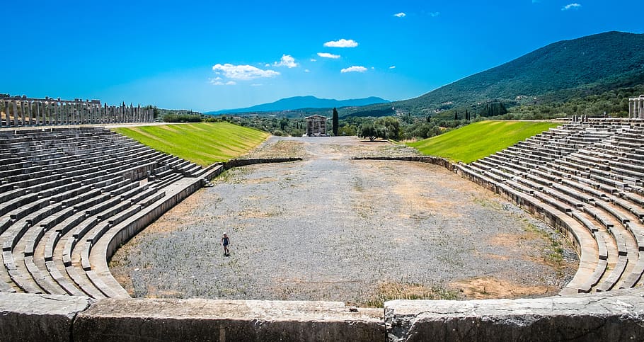 gray concrete arena, ancient messini, stage, ancient greece HD wallpaper