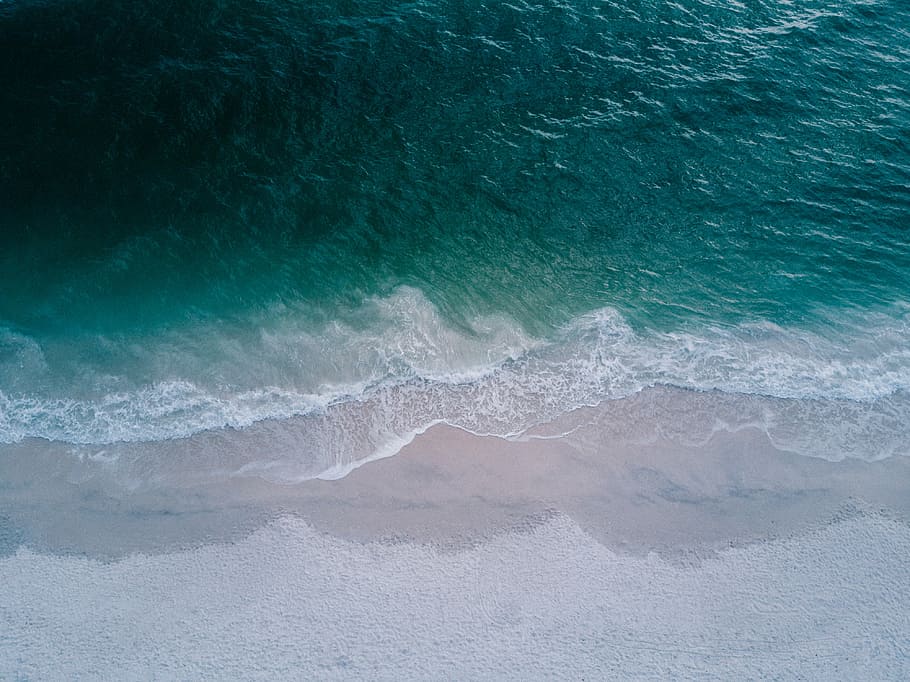 body of water beside sand, top view photography of seashore, ocean HD wallpaper
