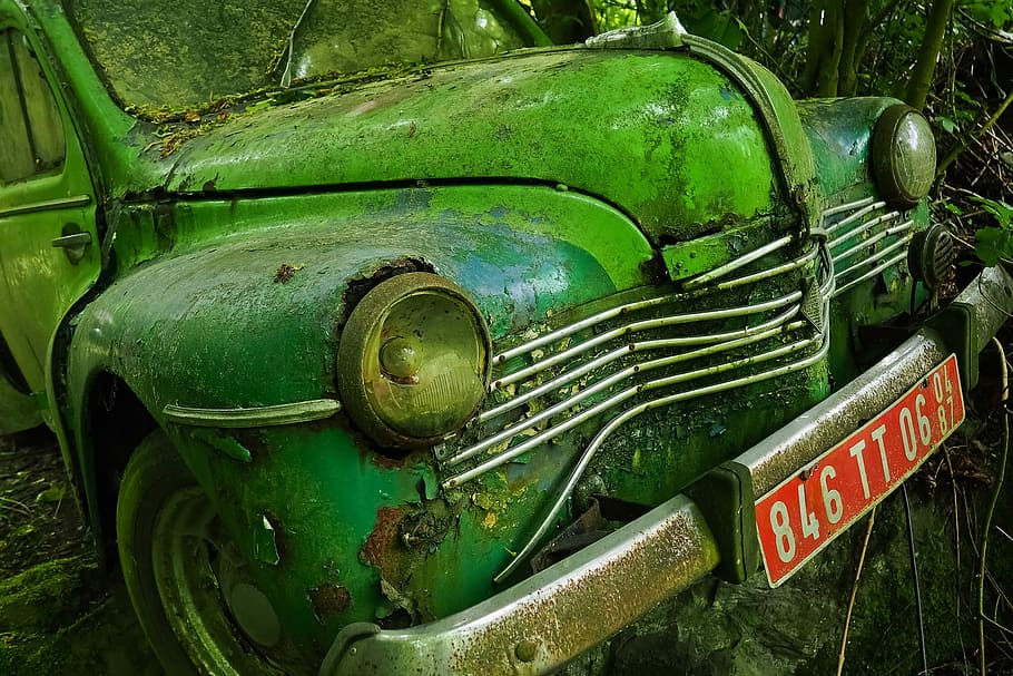 green classic car, auto, car cemetery, oldtimer, rust, stainless karre