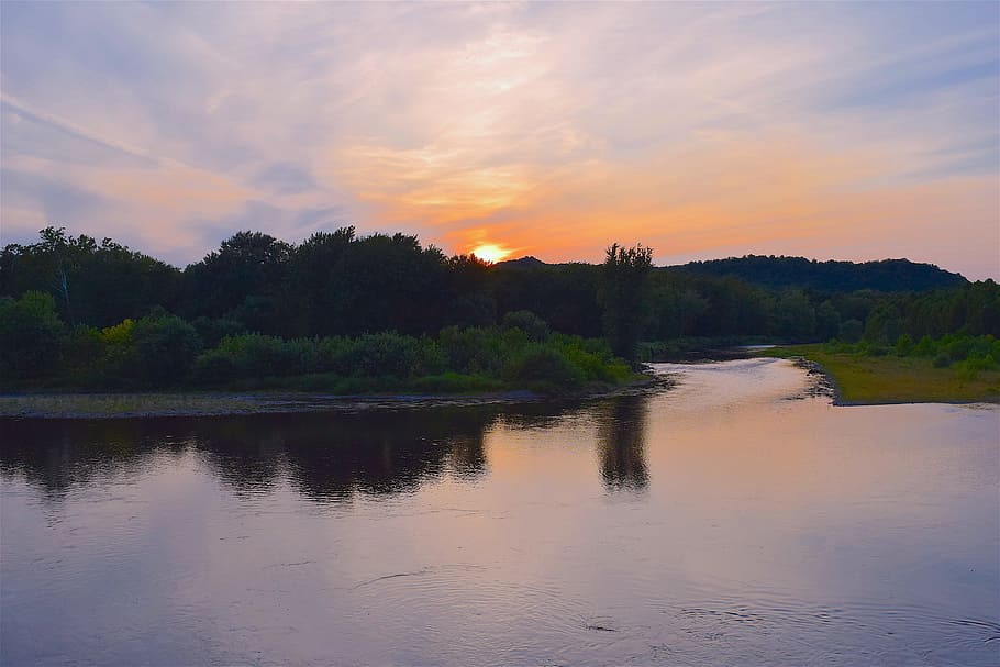 river, sunset, trees, park, water, reflection, landscape, nature HD wallpaper