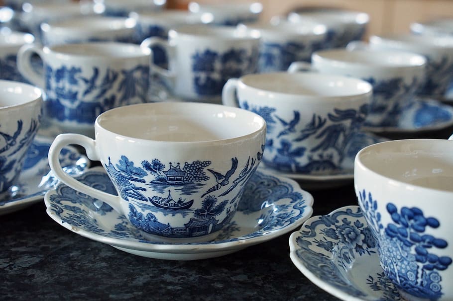 blue and white ceramic cup and saucers set, tea, cups, teacup
