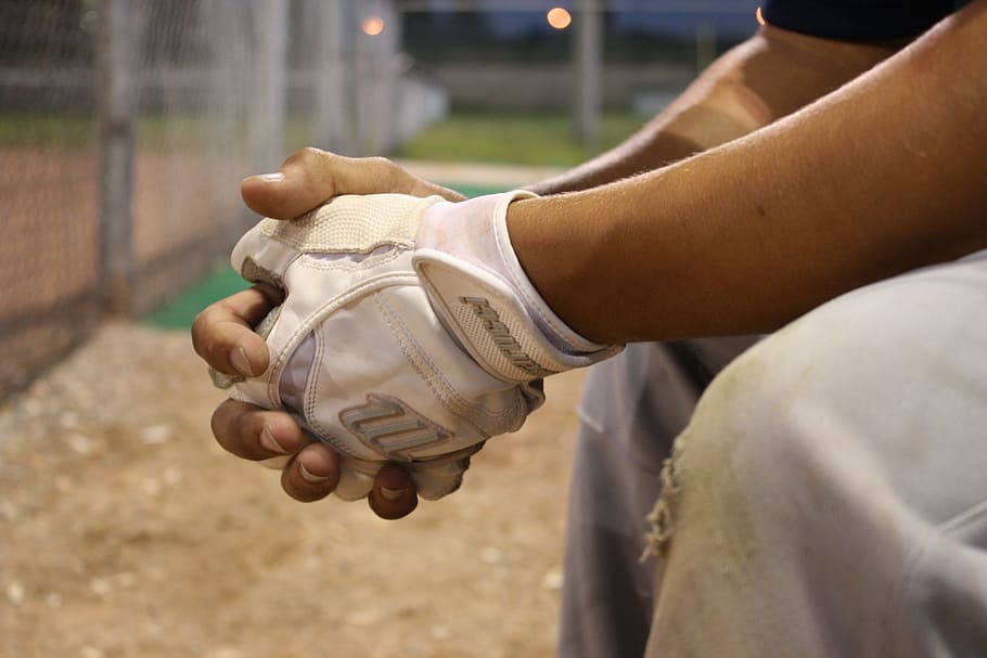 closeup photo of a person wearing white fingerless glove, baseball HD wallpaper