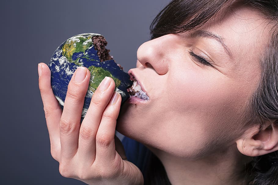 woman eating chocolate globe pastry, world, earth, environment HD wallpaper