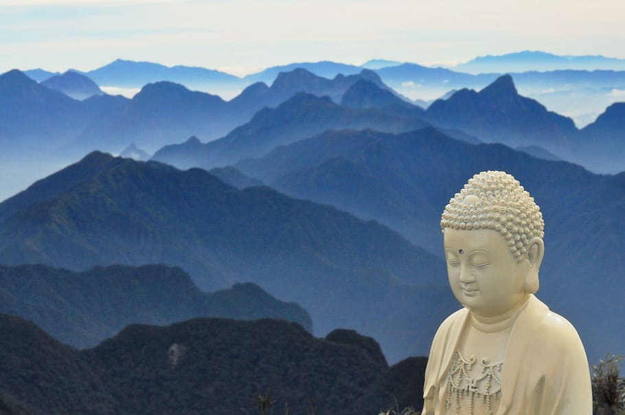 white Buddha statue, Mountains, Vietnam, blue, phan xi păng