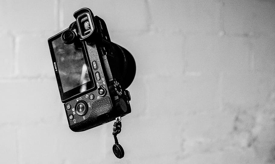 Sony DSLR camera on air, photography, black, white, black and white, HD wallpaper