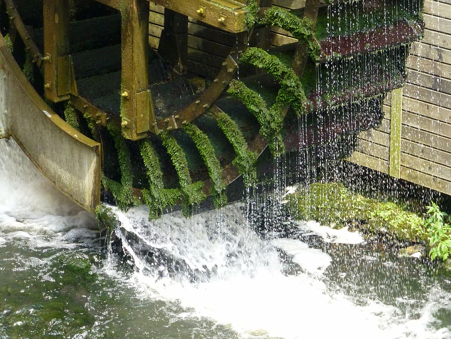 mill, mill wheel, water, copper mill, green algae, flow, motion HD wallpaper
