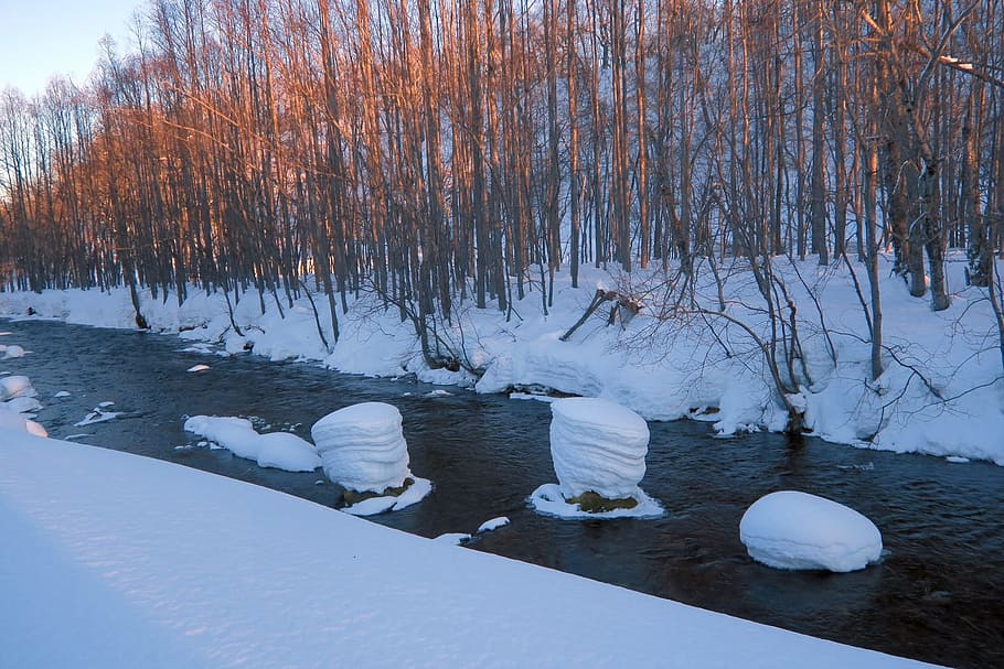 Winter, River, Beach, Snow, Ice, snowdrifts, fog, reflection HD wallpaper