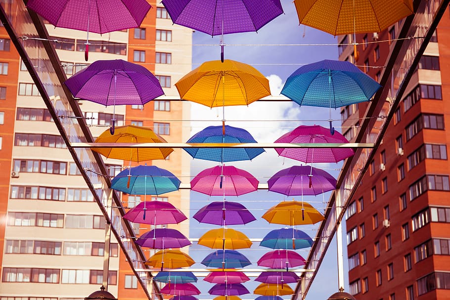 Umbrellas, Chekhov, Bridge, multi colored, protection, variation HD wallpaper
