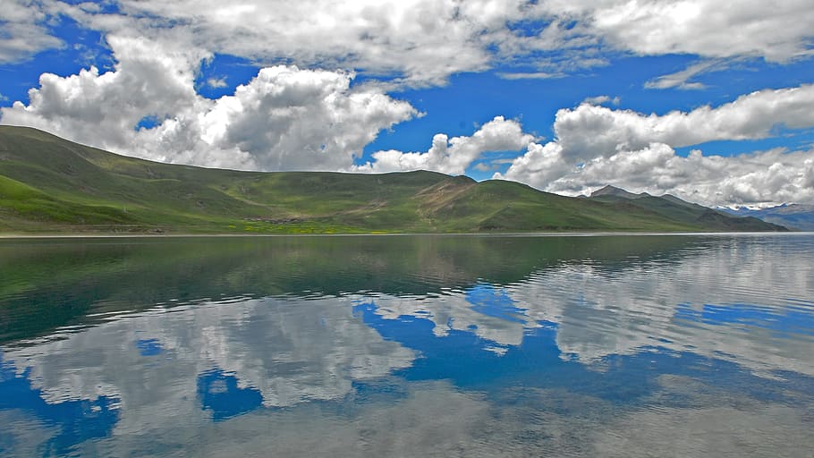 tibet, yamdrok, landscape, bergsee, water, cloud - sky, reflection, HD wallpaper