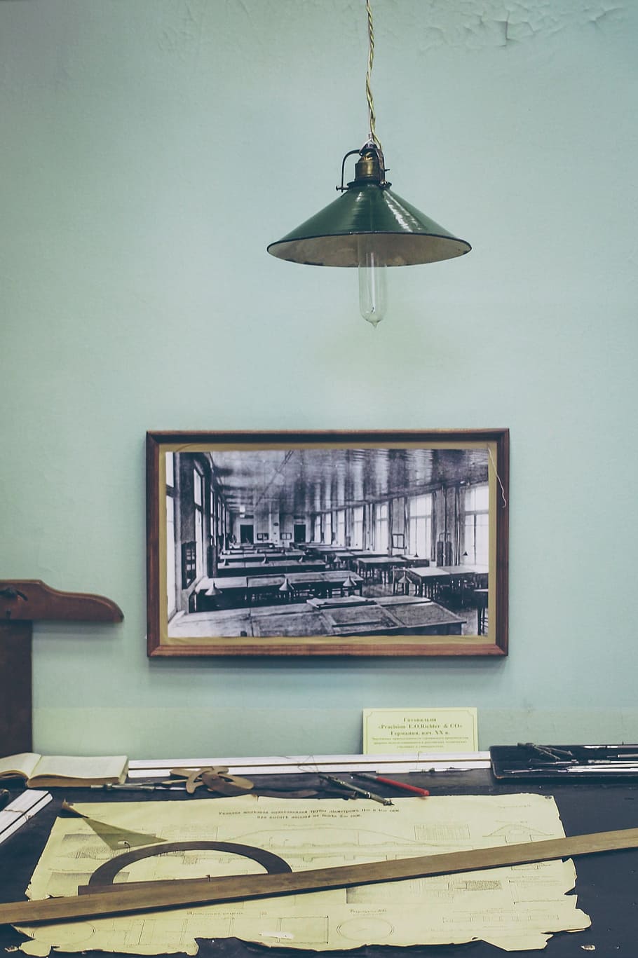 Hd Wallpaper Green Pendant Lamp Vintage Desk Ruler Tools
