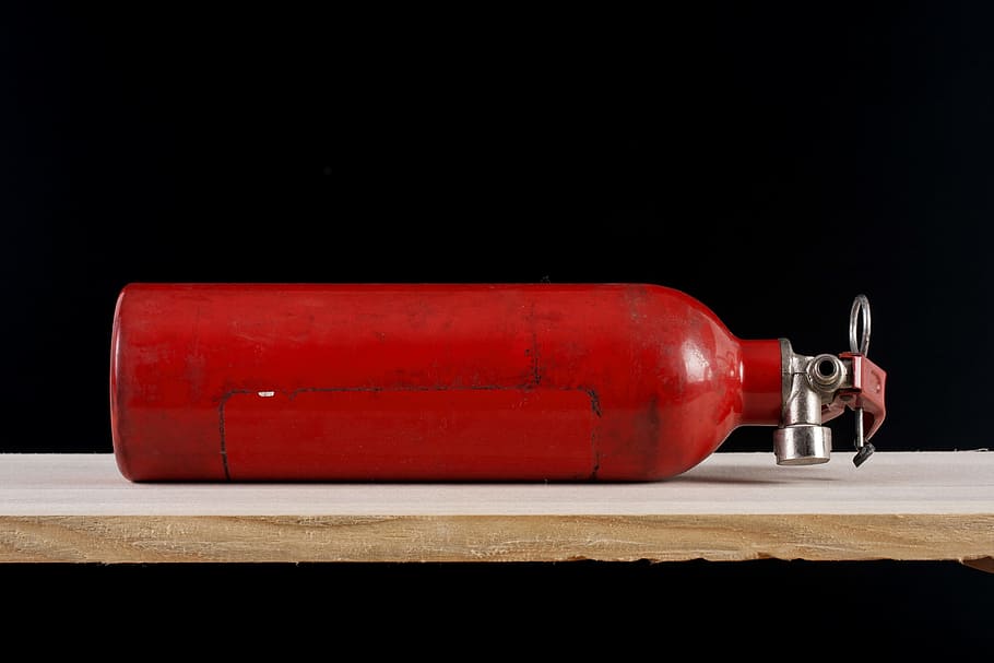 fire tube, fire extinguisher, old, red, bottle, metal, solid