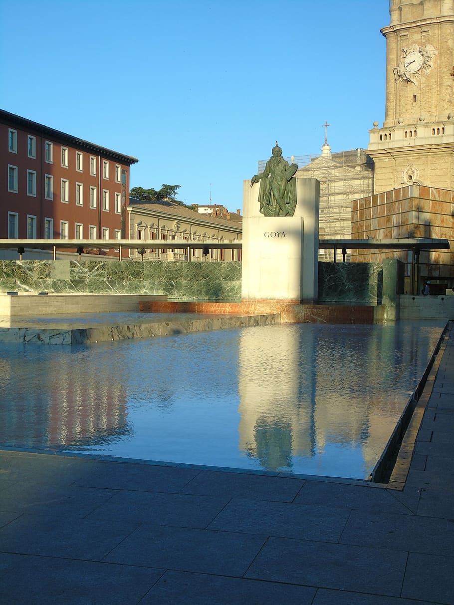 goya, statue, water, spain, monument, figure, source, reflection, HD wallpaper