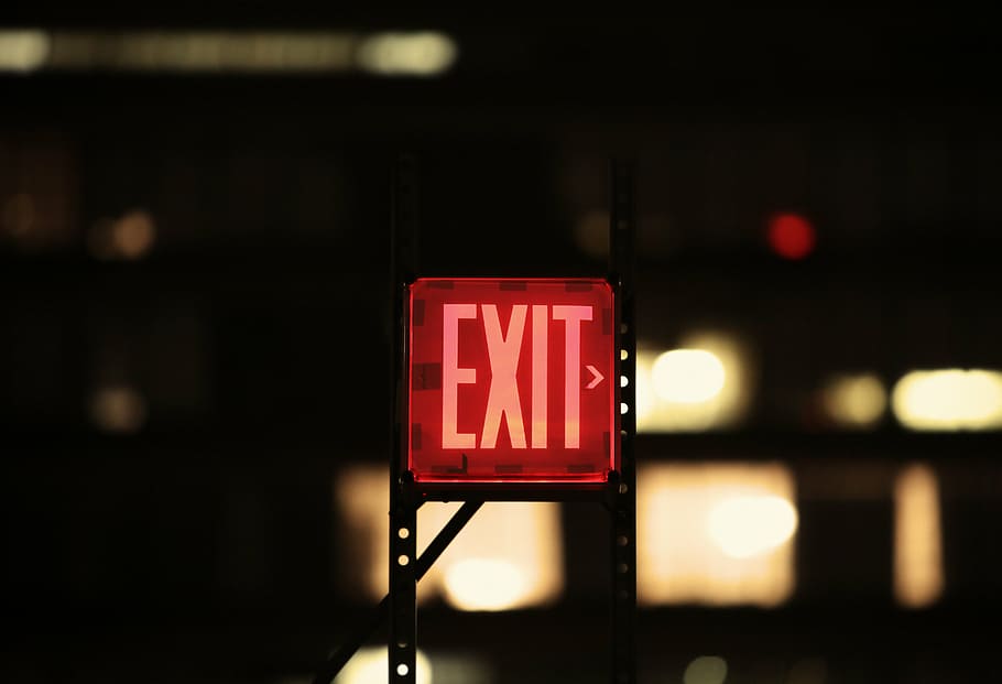 turned-on exit signage, red, lights, illuminated, night, communication HD wallpaper