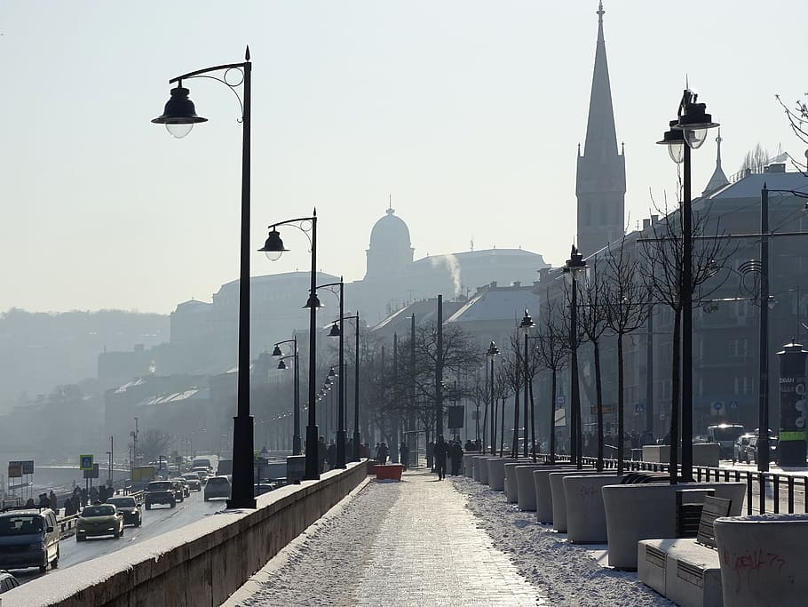 concrete pathway between lamp posts, Budapest, Hungary, Backlight HD wallpaper