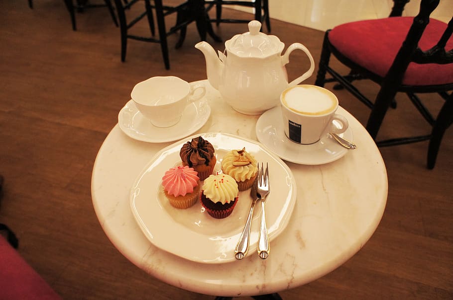 tea, teapot, cupcake, coffee, dessert, sweet, food, muffin HD wallpaper