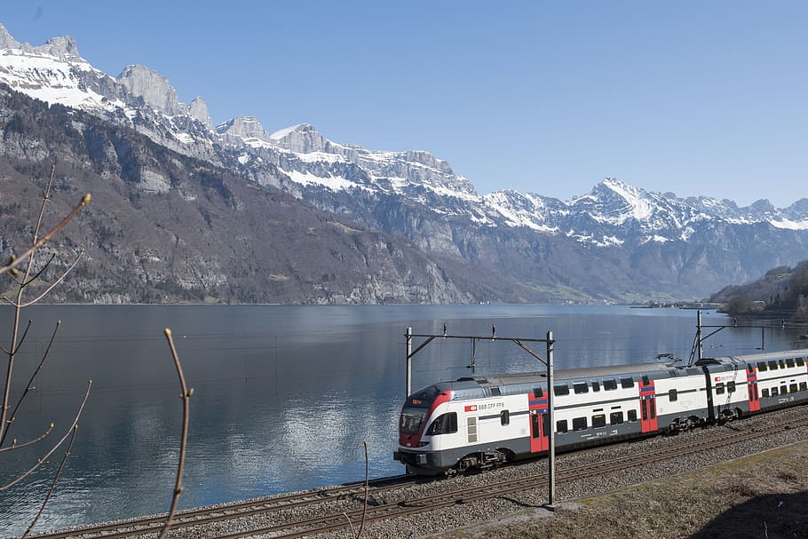 Mountains, Snow, March, Interregio, train, sbb, lake walen HD wallpaper