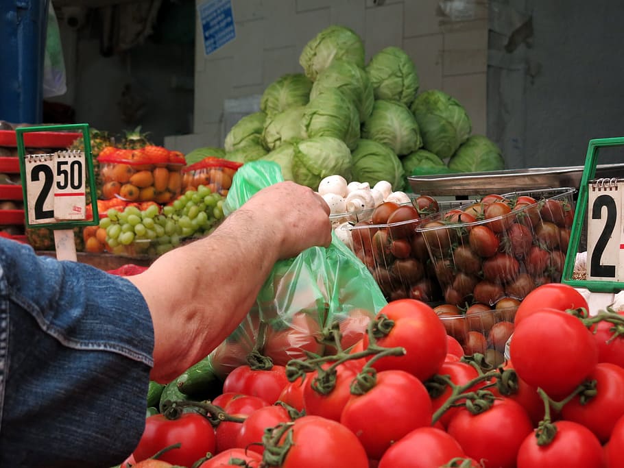 person holding bag of vegetable, vegetables, market, tomatoes HD wallpaper