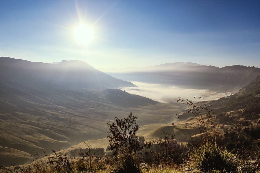 aerial view of mountains, bromo, sun, summer, sunrise, indonesia HD wallpaper