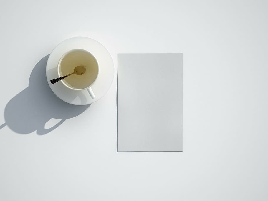 white cup on top of saucer near paper, letters, 3d, rendering HD wallpaper
