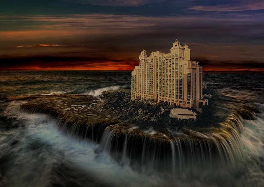 evening, sky, landscape, sea, city, water, cloud - sky, built structure HD wallpaper