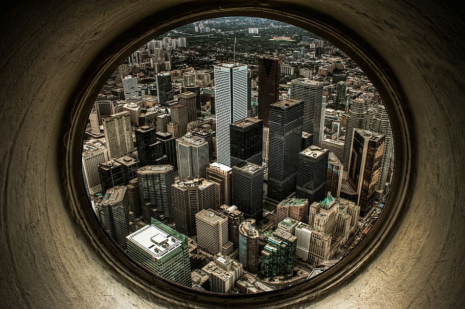 fisheye photography of high rise buildings, aerial view of buildings HD wallpaper