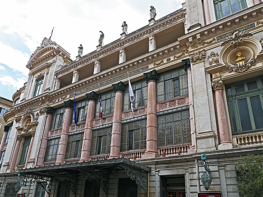 nice, opera house, facade, main entrance, north side, flags, HD wallpaper