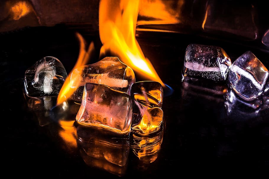 burning ice, ice cubes, fire, flame, hot, ice cold, melt, embers, HD wallpaper