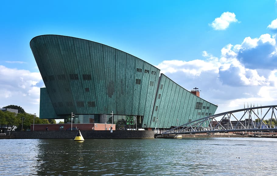 gray building near body of water, amsterdam, nemo, museum, architecture HD wallpaper