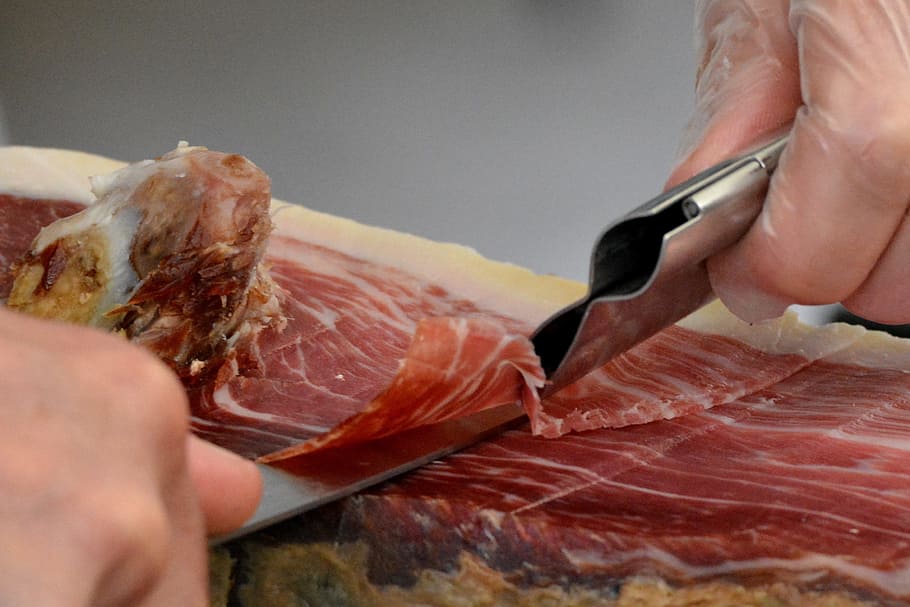 person slicing meat, ham, cutting, pata negra, charcuterie, meats, HD wallpaper