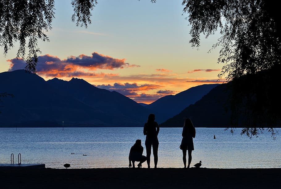 lake, sunset, landscape, mountain, pier, new zealand, people HD wallpaper