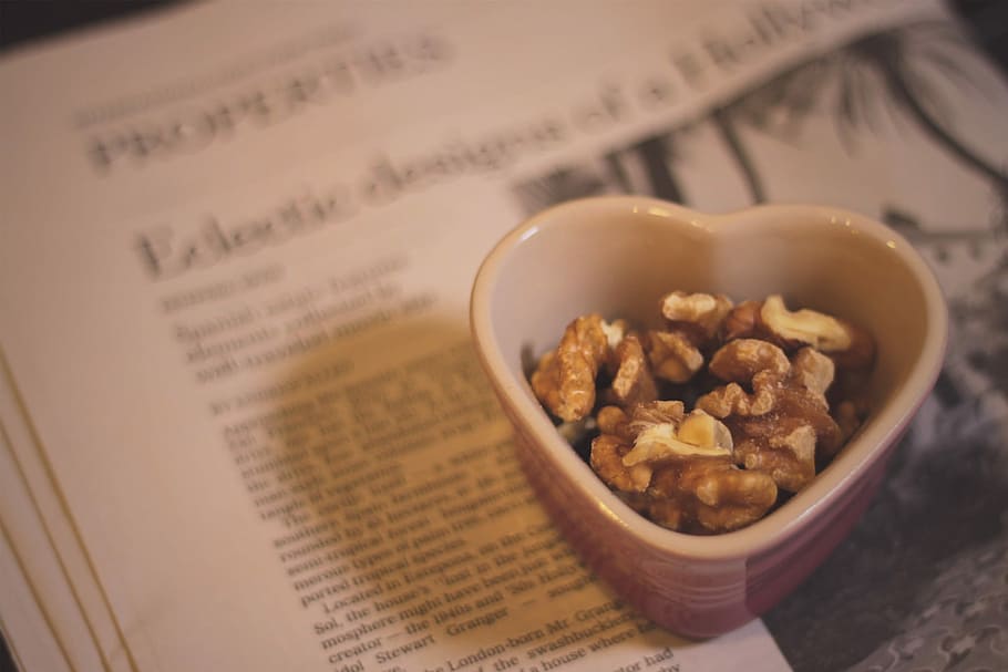 red and white heart-shaped bowl with brown nuts, food, book, food and drink HD wallpaper