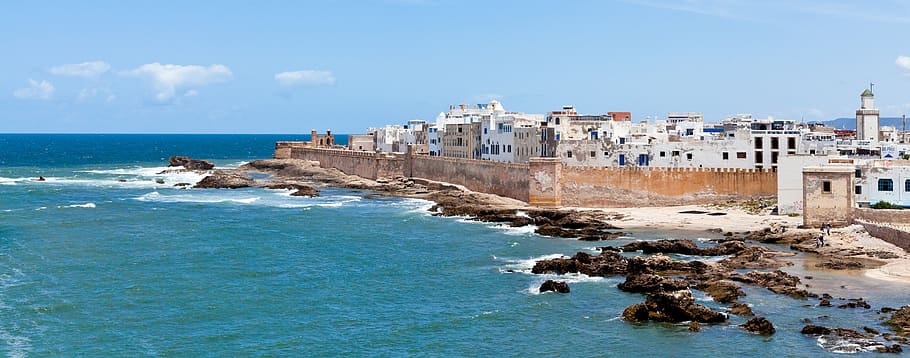 morocco, sea, water, sky, land, beach, architecture, building exterior HD wallpaper