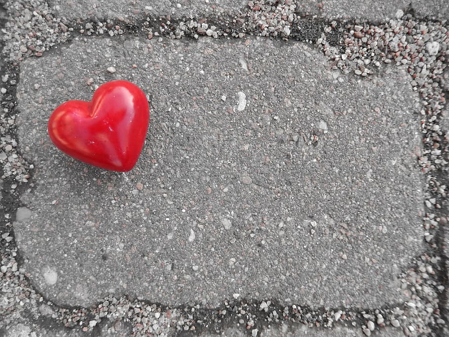 red heart on concrete surface, love, map, background, romance, HD wallpaper