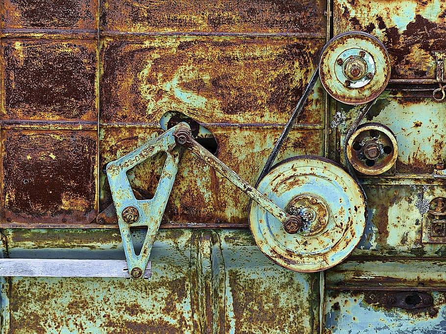 rusted gray metal tool on brown wooden table, rusty, old machine, HD wallpaper