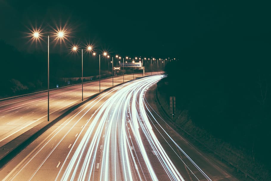 Road traffic trails at night, urban, speed, transportation, highway, HD wallpaper