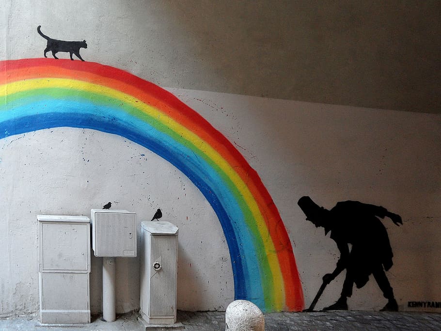 rainbow wall graffiti, city, murals, fantasia, color, multi colored HD wallpaper