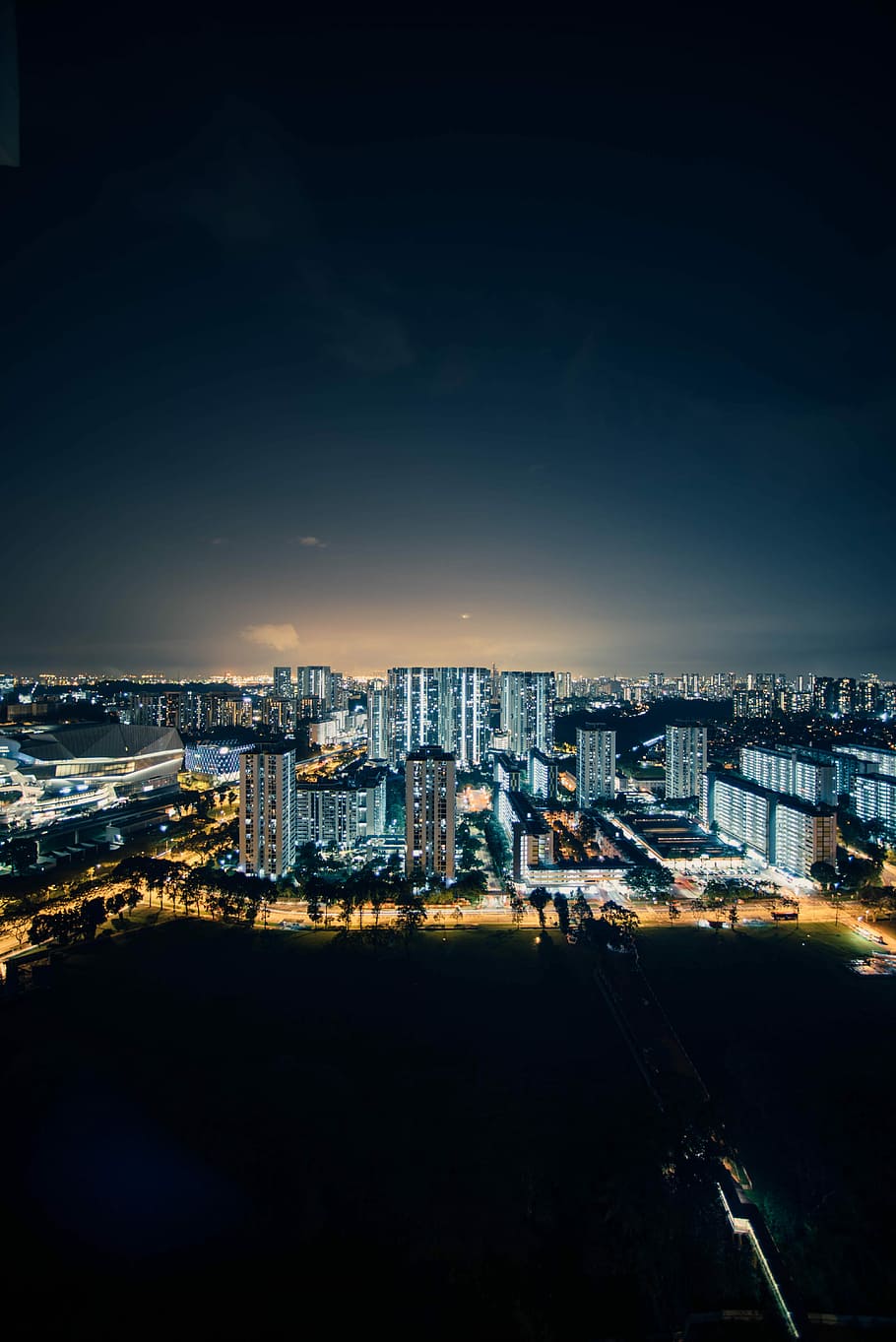 aerial photography of city buildings, aerial photography of city skyline with lights HD wallpaper