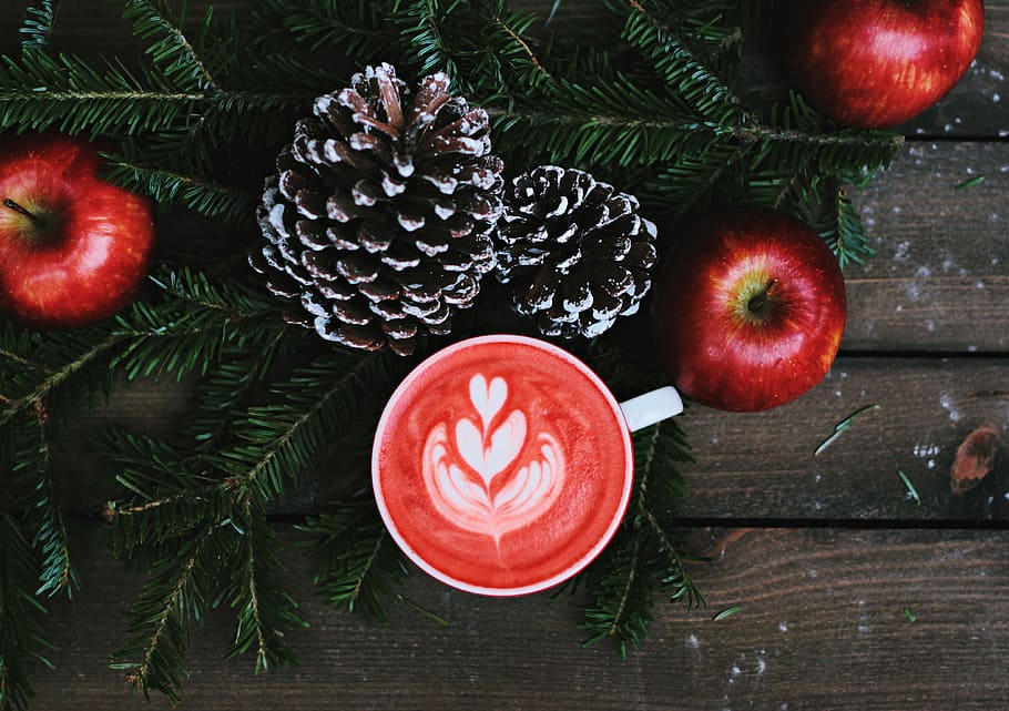 three red apples on brown wooden surface, christmas, wood - Material HD wallpaper