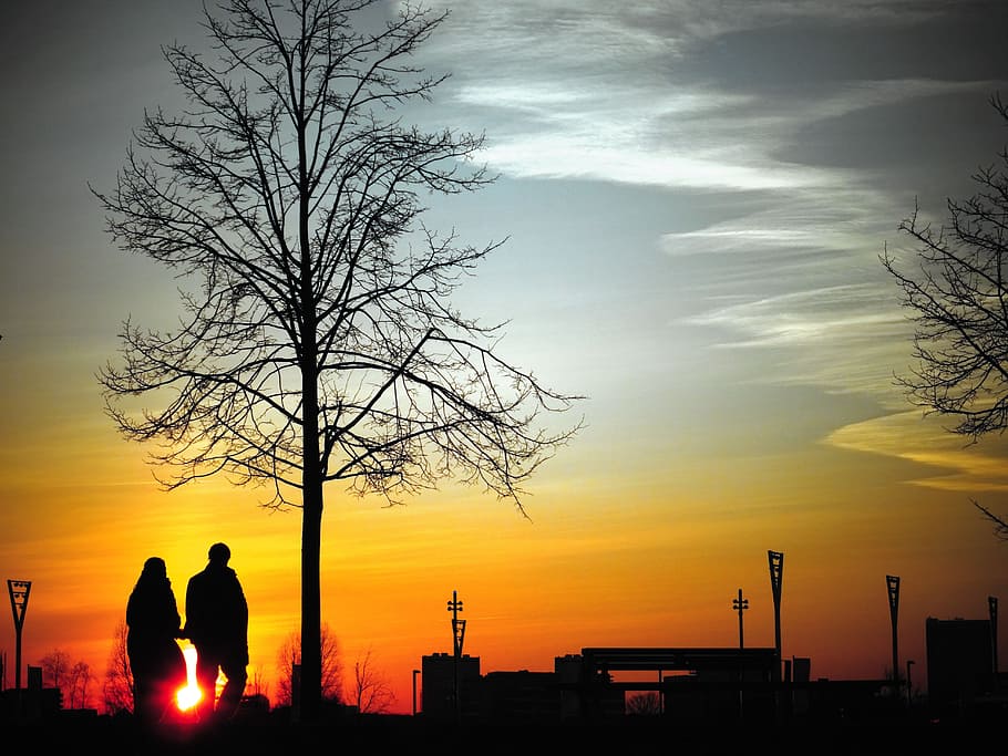 dawn, landscape, nature, sky, backlit, clouds, couple, dark, evening HD wallpaper